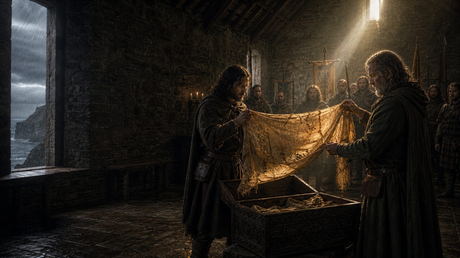 Clan custodians carefully unfurling an ancient silk banner in the storm-lit hall of Dunvegan Castle