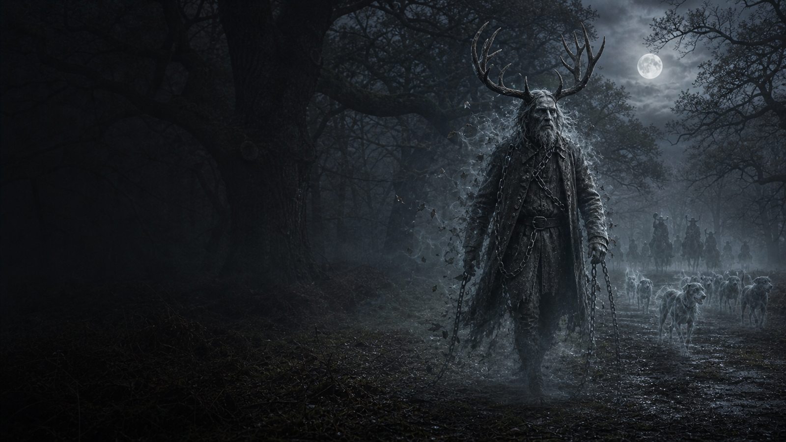 A horned spectral huntsman dissolving into mist and leaves as phantom hounds and riders cross Windsor Great Park